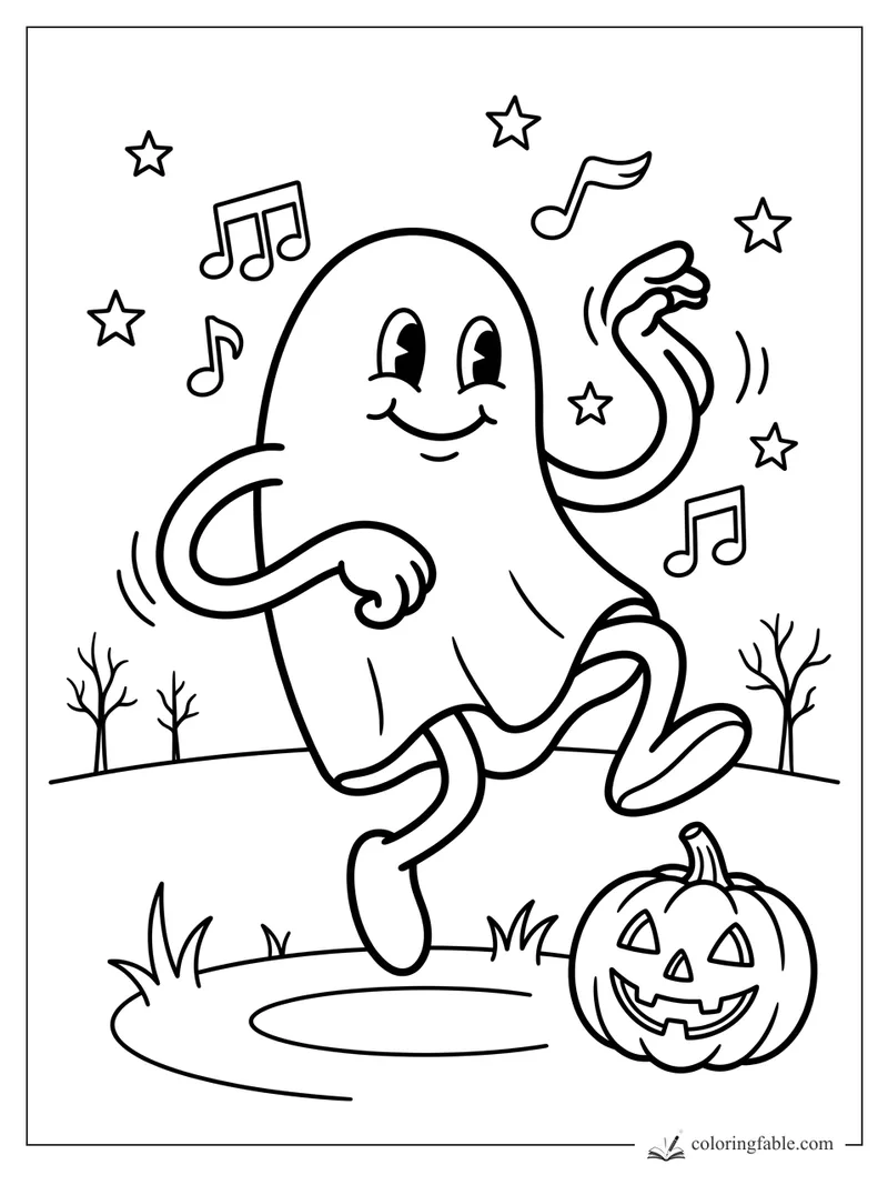 Smiling retro ghost dancing among music notes, stars, bare trees, and a grinning jack-o’-lantern.