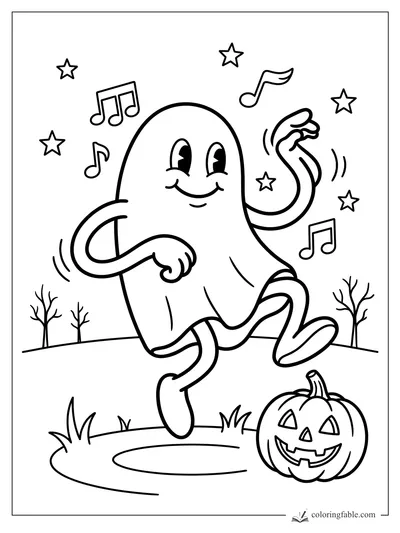 Smiling retro ghost dancing among music notes, stars, bare trees, and a grinning jack-o’-lantern.