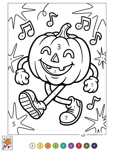 Dancing Jack-o’-Lantern with Musical Notes — color by number