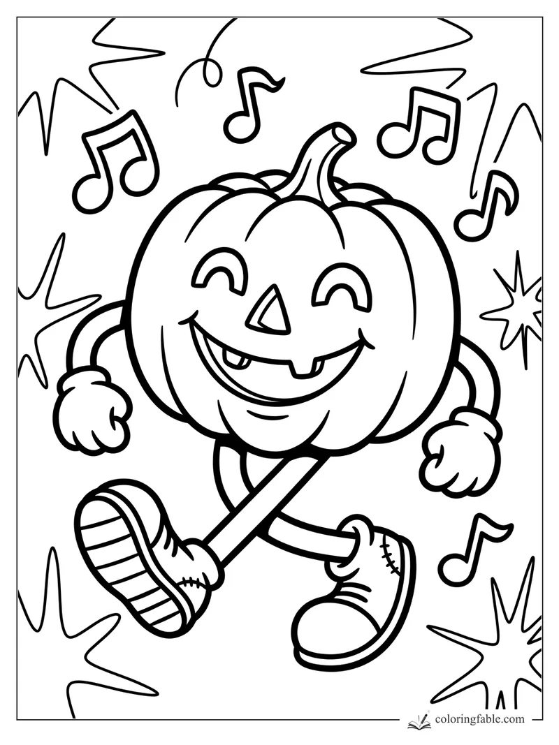 Retro jack-o’-lantern dancing with sneakers, gloves, music notes, and starburst doodles
