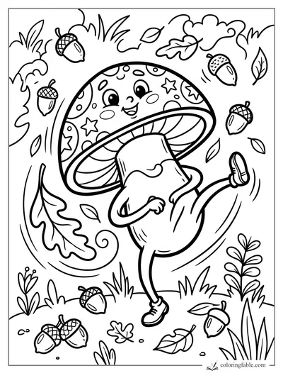 Cartoon mushroom dancing on one foot among swirling leaves, grasses, and acorns