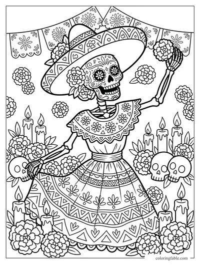 Skeleton in sombrero and patterned dress with marigolds, candles, skulls, and papel picado banners.