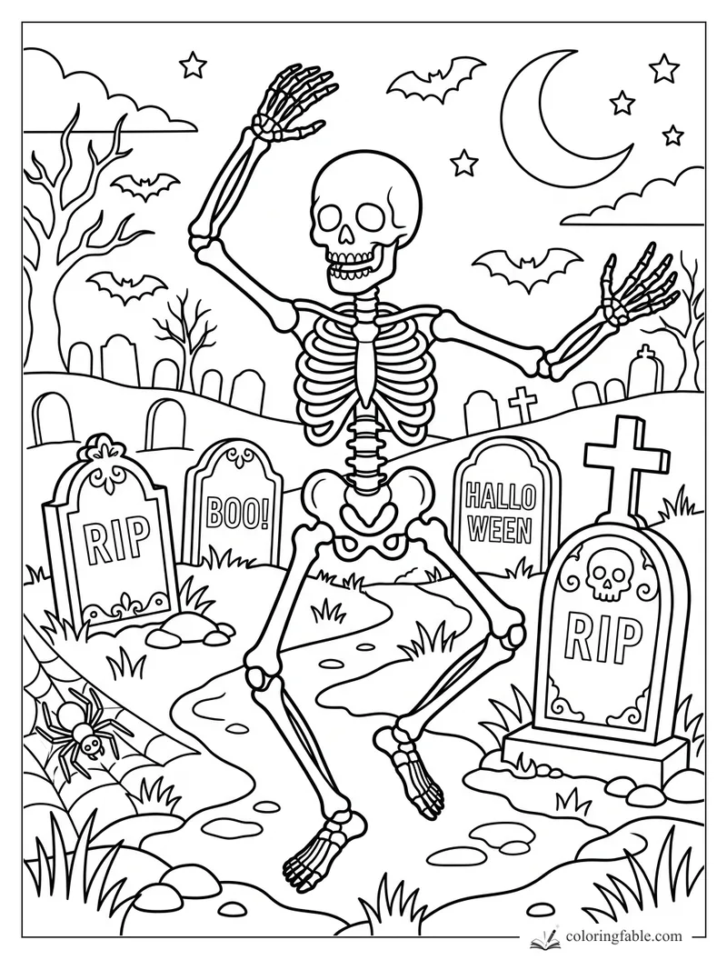 Skeleton dancing among RIP gravestones, bats, bare trees, crescent moon, stars, spiderweb and pumpkins.
