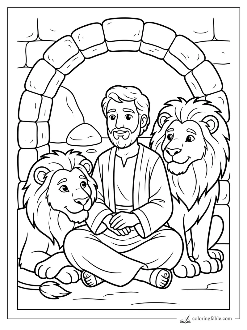 Cartoon Daniel sits cross-legged between two calm lions under a stone arch in the lions' den.