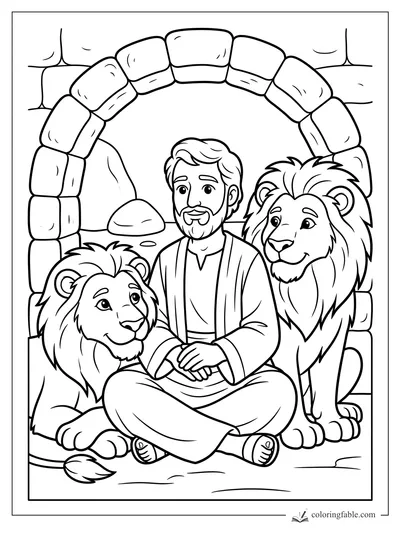 Cartoon Daniel sits cross-legged between two calm lions under a stone arch in the lions' den.