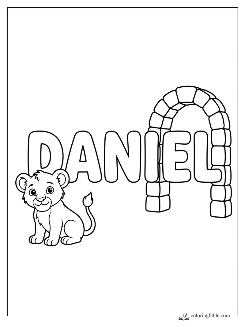 Daniel name coloring page with a smiling lion cub and block stone arch