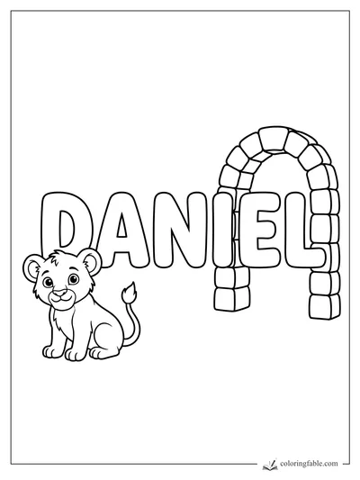 Daniel name coloring page with a smiling lion cub and block stone arch
