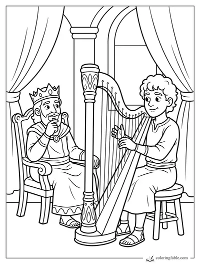 Cartoon David playing a tall harp beside a crowned king in a curtained palace room