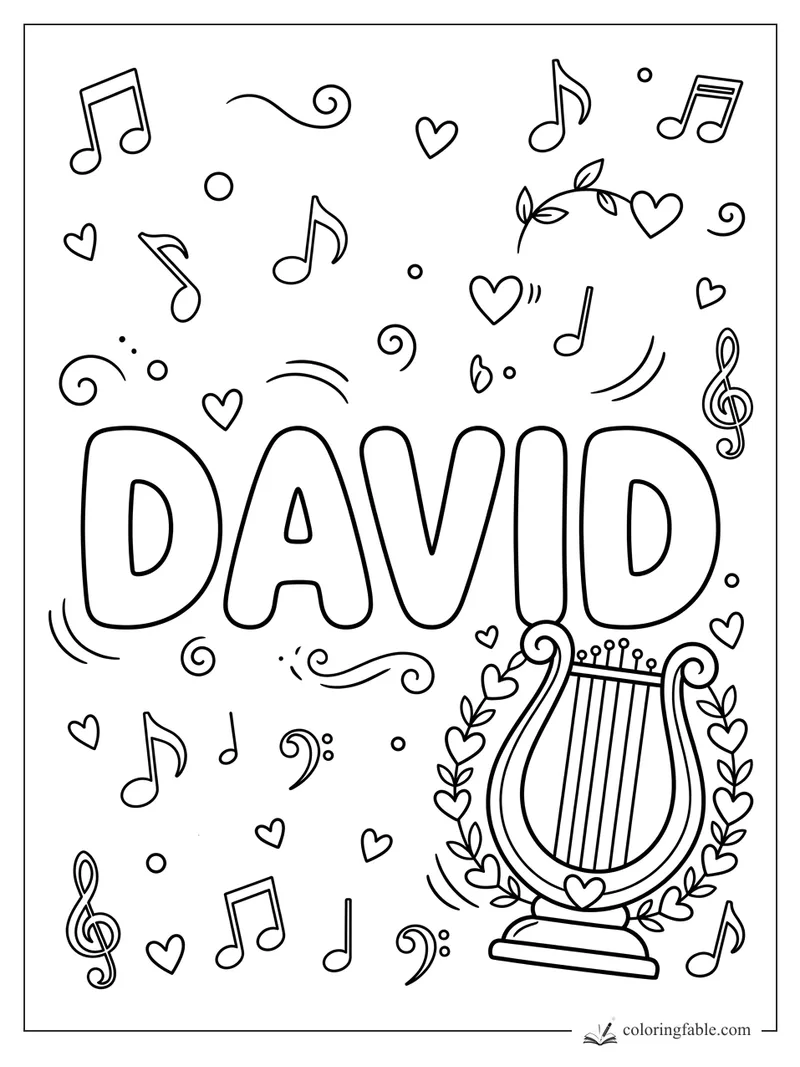 David name coloring page with bold bubble letters, harp, music notes, hearts, leaves, and swirls.