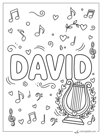 David name coloring page with bold bubble letters, harp, music notes, hearts, leaves, and swirls.
