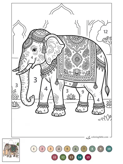 Decorated Elephant in a Palace Courtyard — color by number