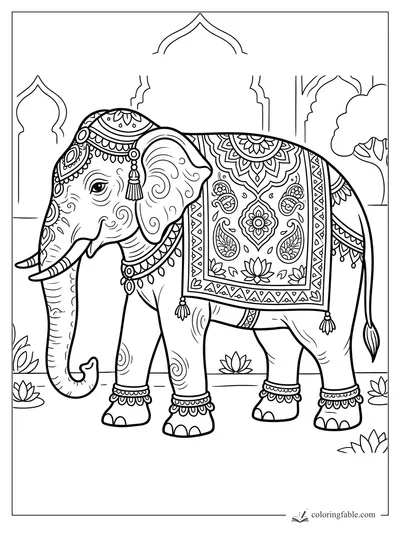 Ornate elephant with patterned blanket and anklets in a palace courtyard coloring page