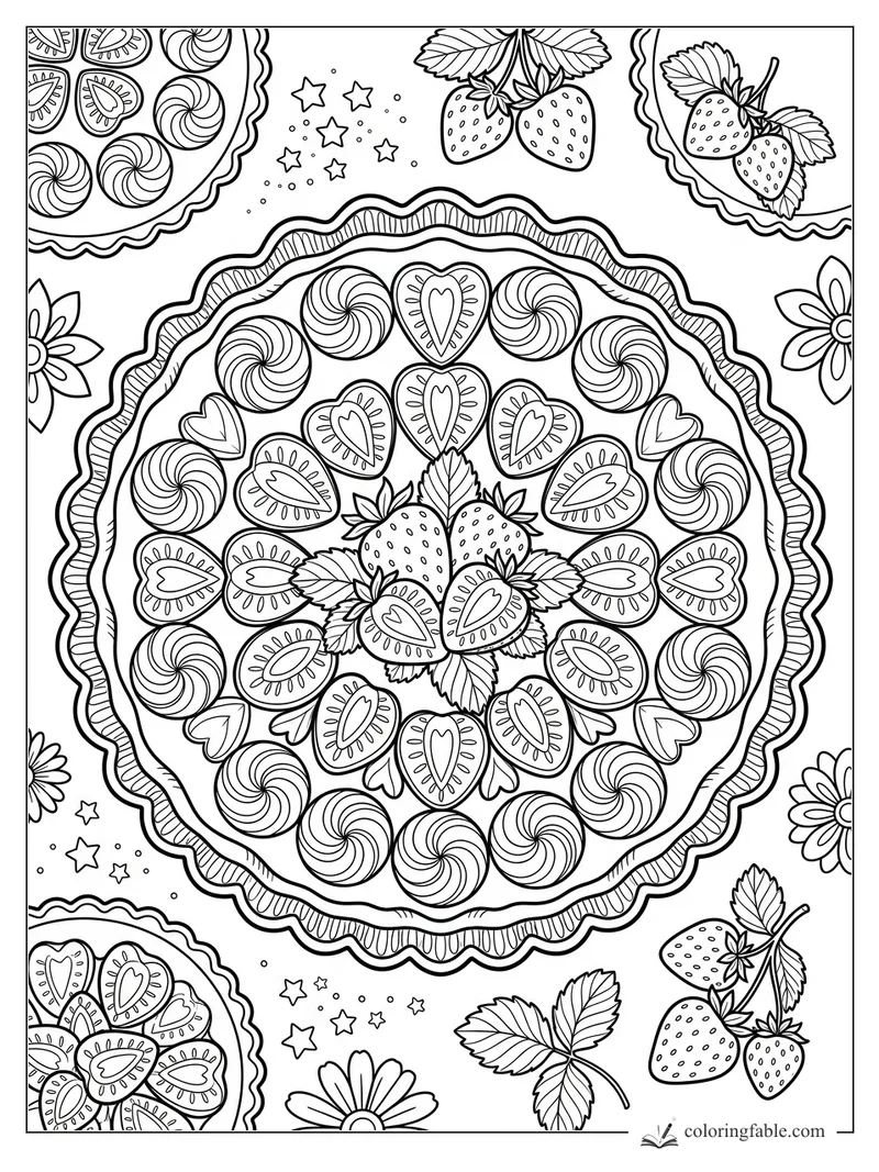 Ornate strawberry tart coloring page with sliced berries, piped swirls, leaves, stars, and scalloped plates.