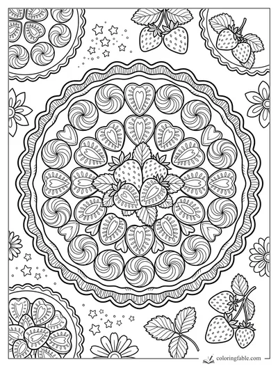 Ornate strawberry tart coloring page with sliced berries, piped swirls, leaves, stars, and scalloped plates.