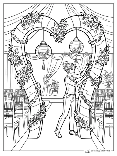 Woman hanging flower garland on a heart-shaped wedding arch with lanterns, chairs, drapes, and potted plants