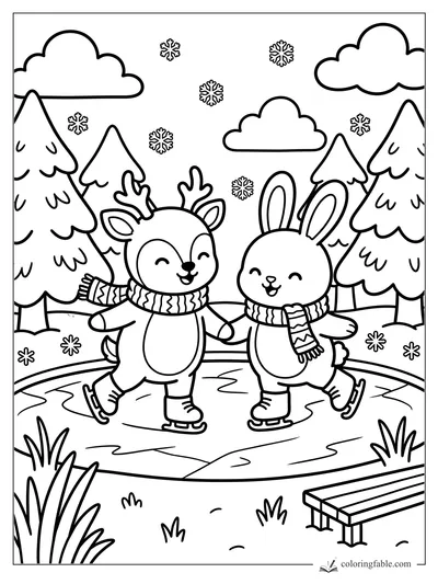 Smiling deer and bunny ice skate together with scarves, snowflakes, pine trees, clouds, and a park bench.