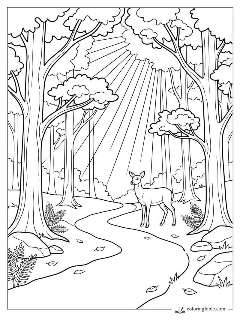 Realistic forest coloring page with a deer on a winding path under sunbeams and tall trees.