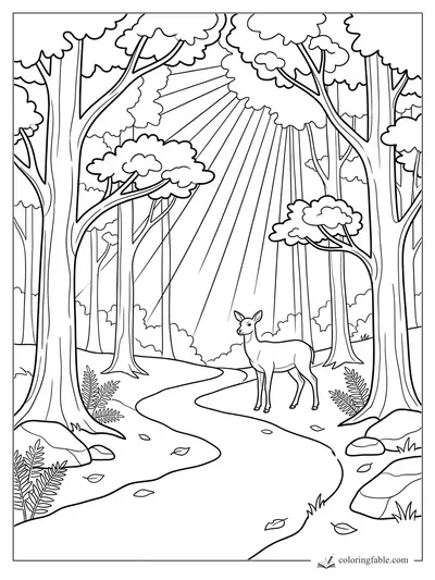 Realistic forest coloring page with a deer on a winding path under sunbeams and tall trees.
