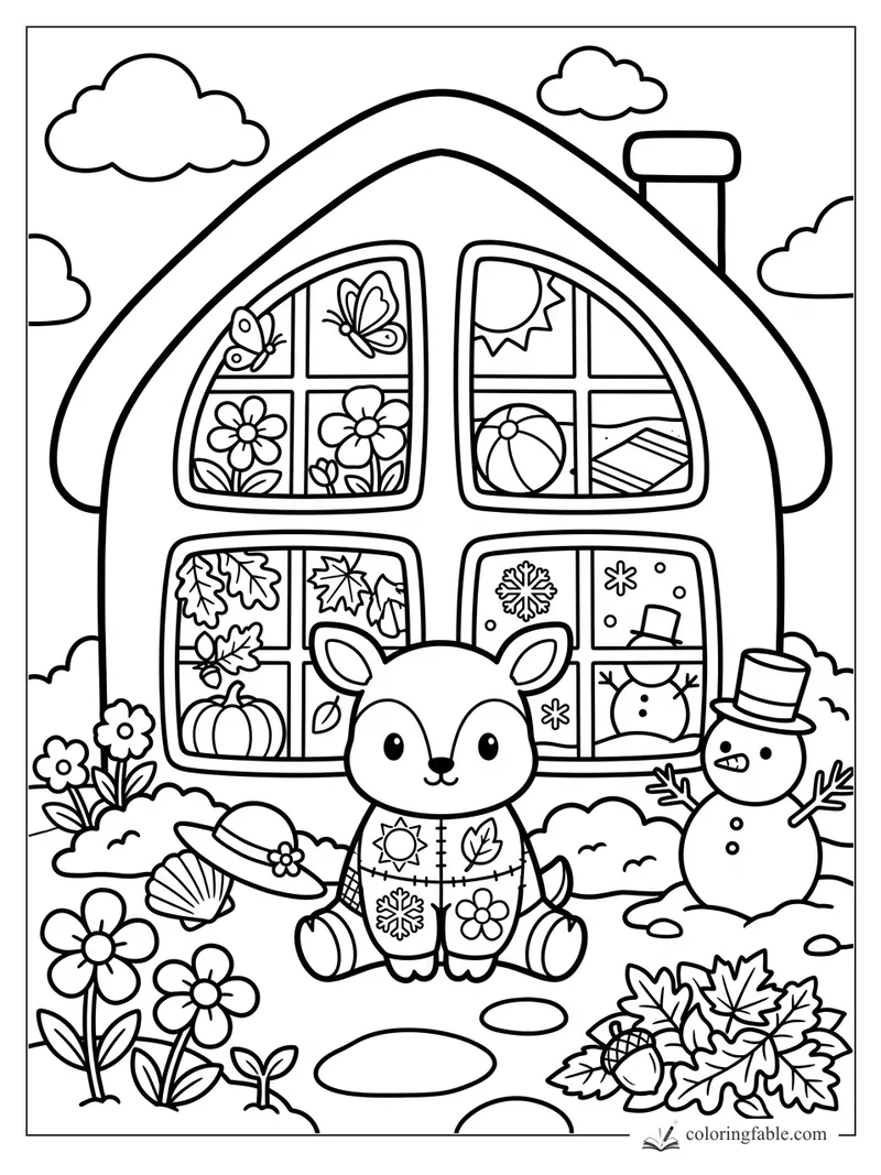 Cute deer in a seasonal sweater outside a cottage with spring flowers, beach toys, autumn leaves, and snowman