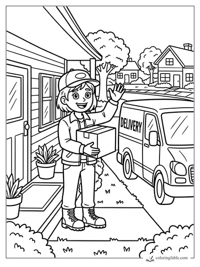 Cartoon delivery driver holding a box, waving beside a delivery van on a neighborhood sidewalk