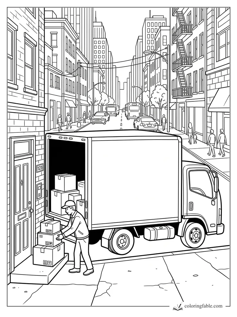 Delivery worker unloads boxes from a box truck beside tall city buildings and traffic.