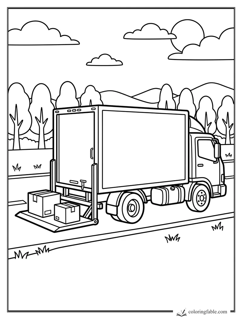 Easy coloring page of a delivery truck with open lift gate, boxes, trees, hills, and clouds.