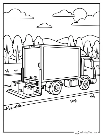 Easy coloring page of a delivery truck with open lift gate, boxes, trees, hills, and clouds.