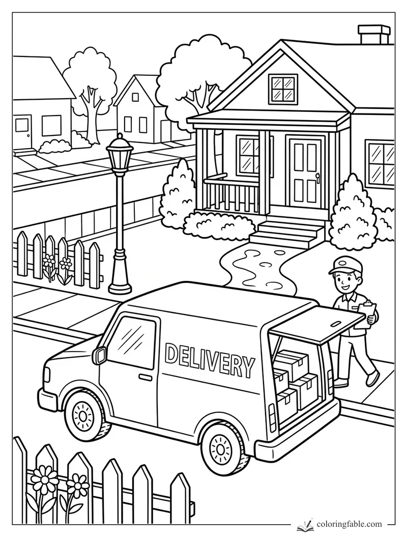 Delivery van with open back, boxes, driver, porch, picket fence, flowers, and neighborhood houses