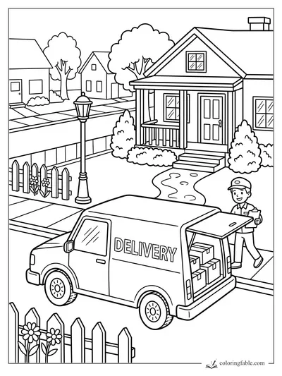Delivery van with open back, boxes, driver, porch, picket fence, flowers, and neighborhood houses