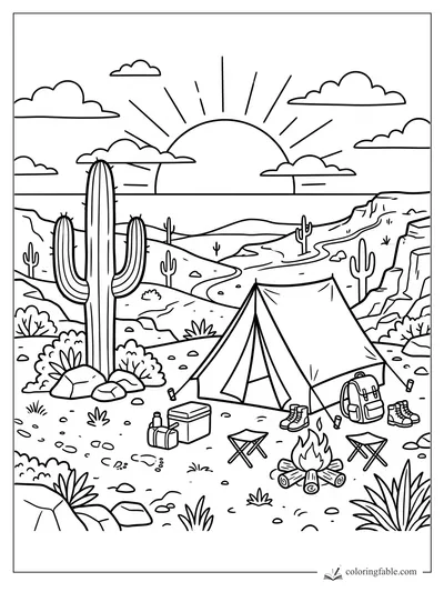 Cartoon desert campsite with tent, cactus, campfire, winding road, cliffs, clouds, and sunrise