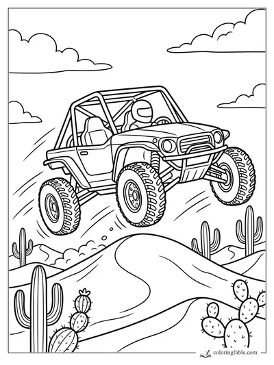 Cartoon off-road race car jumping over desert dunes with cacti, clouds, and a helmeted driver.