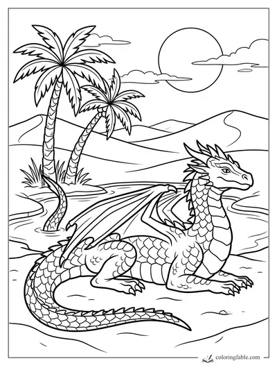 Dragon resting at a desert oasis with palm trees, dunes, clouds, and a large sun