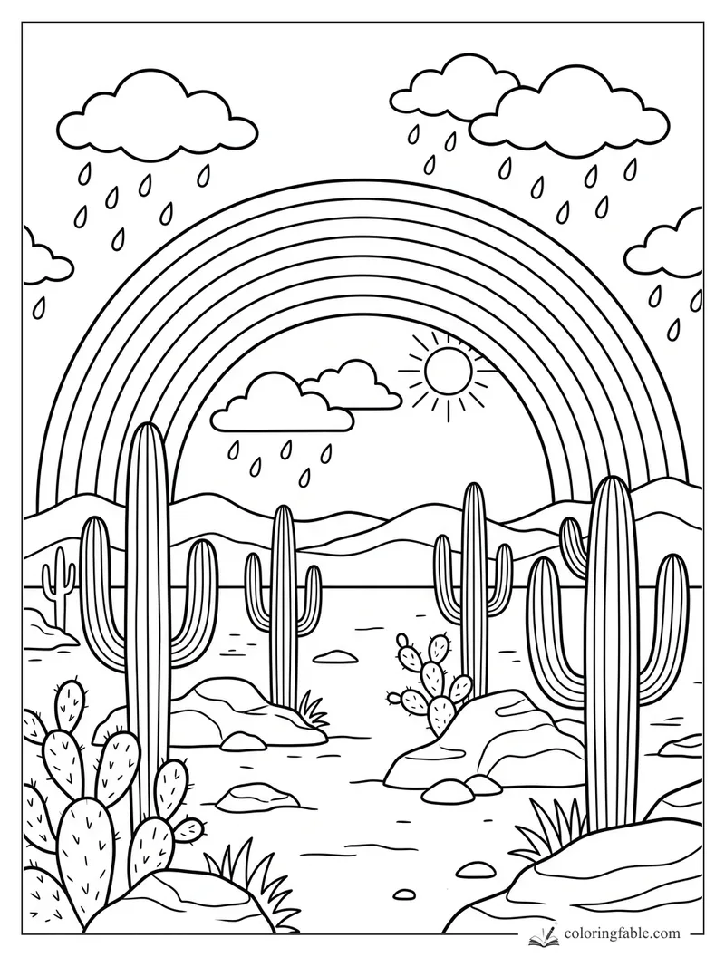 Rainbow over saguaro cacti, desert rocks, mountains, rain clouds, and sun coloring page