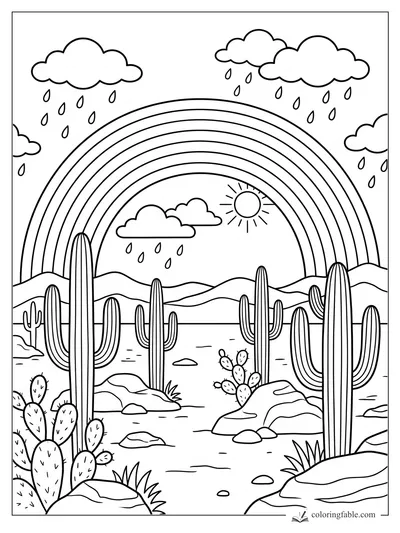 Rainbow over saguaro cacti, desert rocks, mountains, rain clouds, and sun coloring page