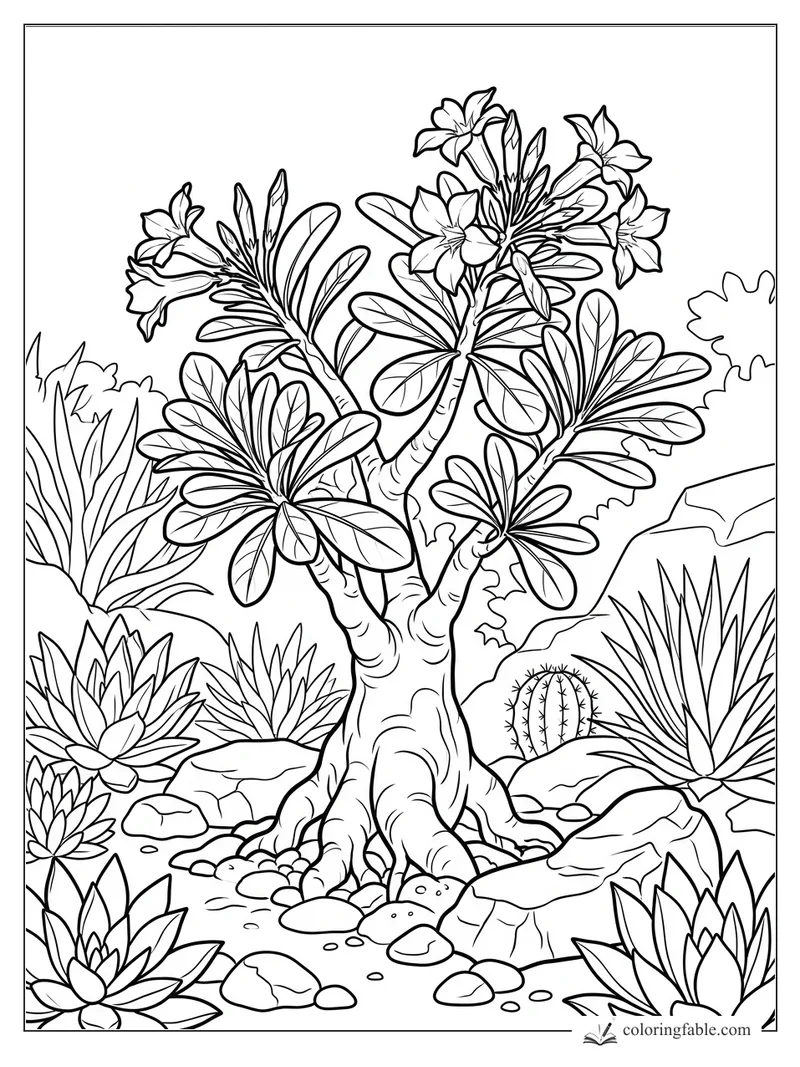 Realistic desert rose tree with thick roots, oval leaves, star flowers, cactus, rocks, and succulents