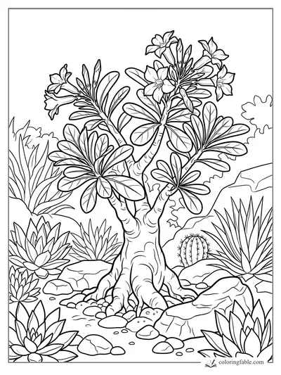 Realistic desert rose tree with thick roots, oval leaves, star flowers, cactus, rocks, and succulents