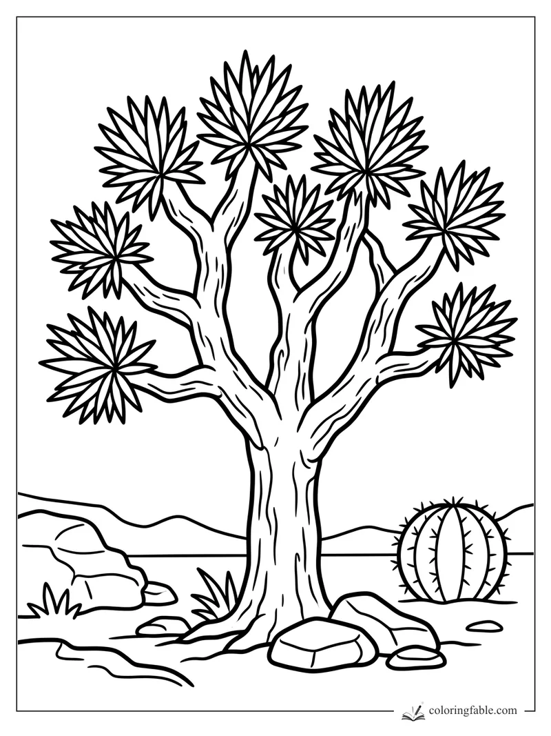 Bold coloring page of a desert tree with spiky starburst leaves, rocks, and a round cactus.