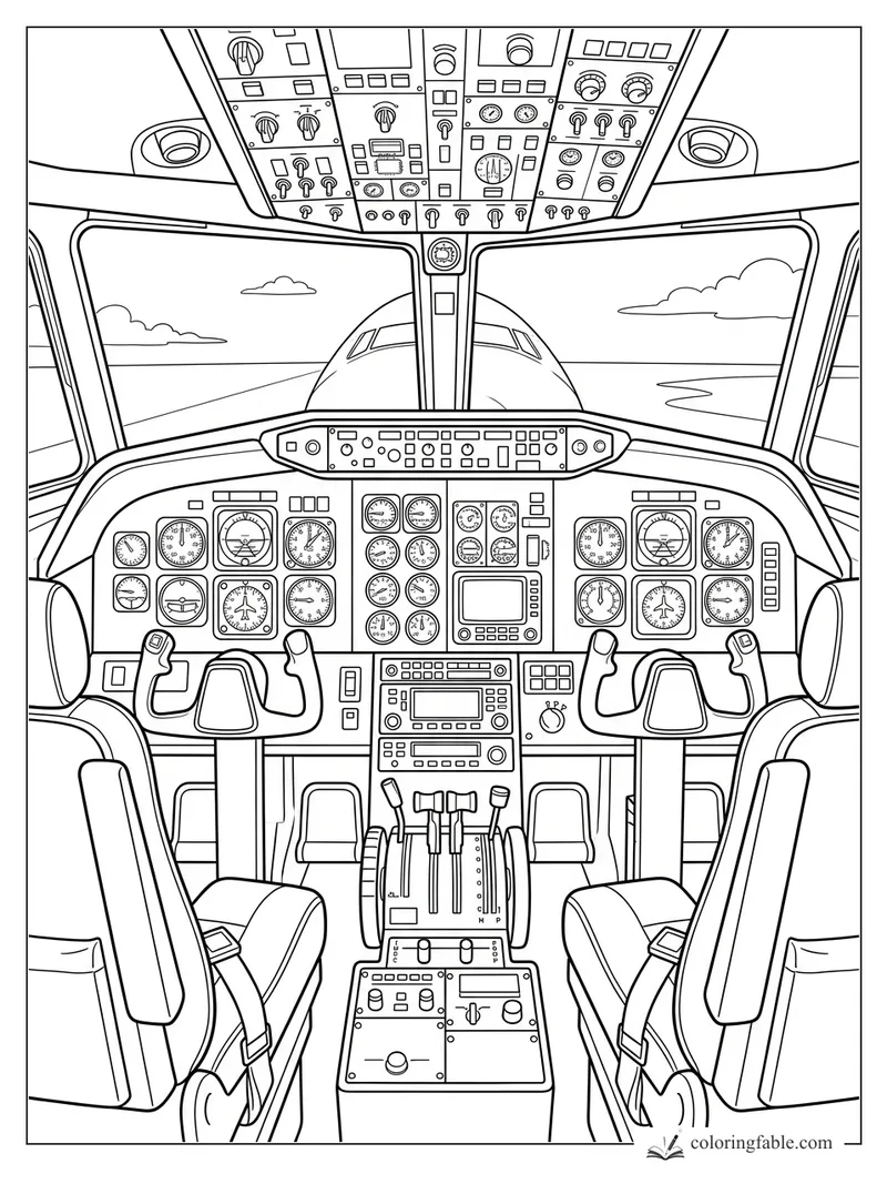 Realistic airplane cockpit coloring page with twin seats, yokes, gauges, overhead switches, and runway view.