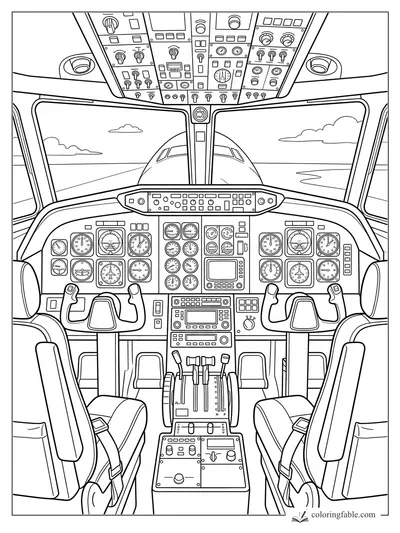 Realistic airplane cockpit coloring page with twin seats, yokes, gauges, overhead switches, and runway view.