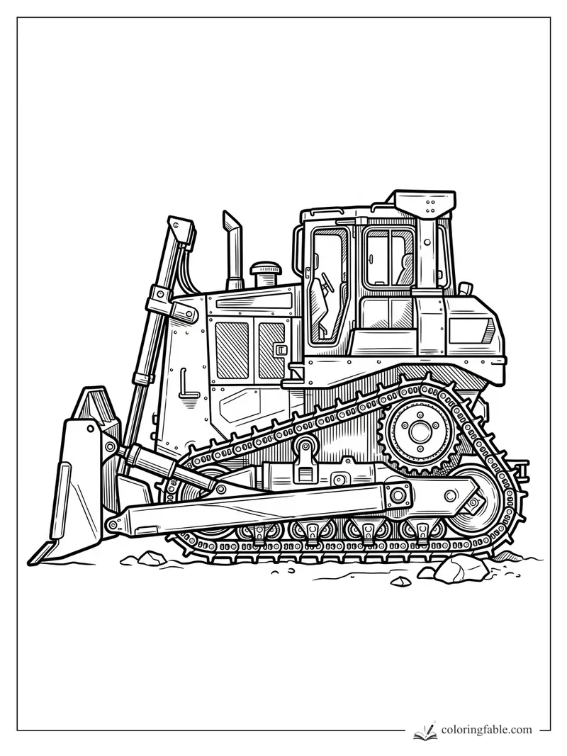 Intricate crawler bulldozer with front blade, raised rear ripper, cab windows, track links, rocks, and bolts.