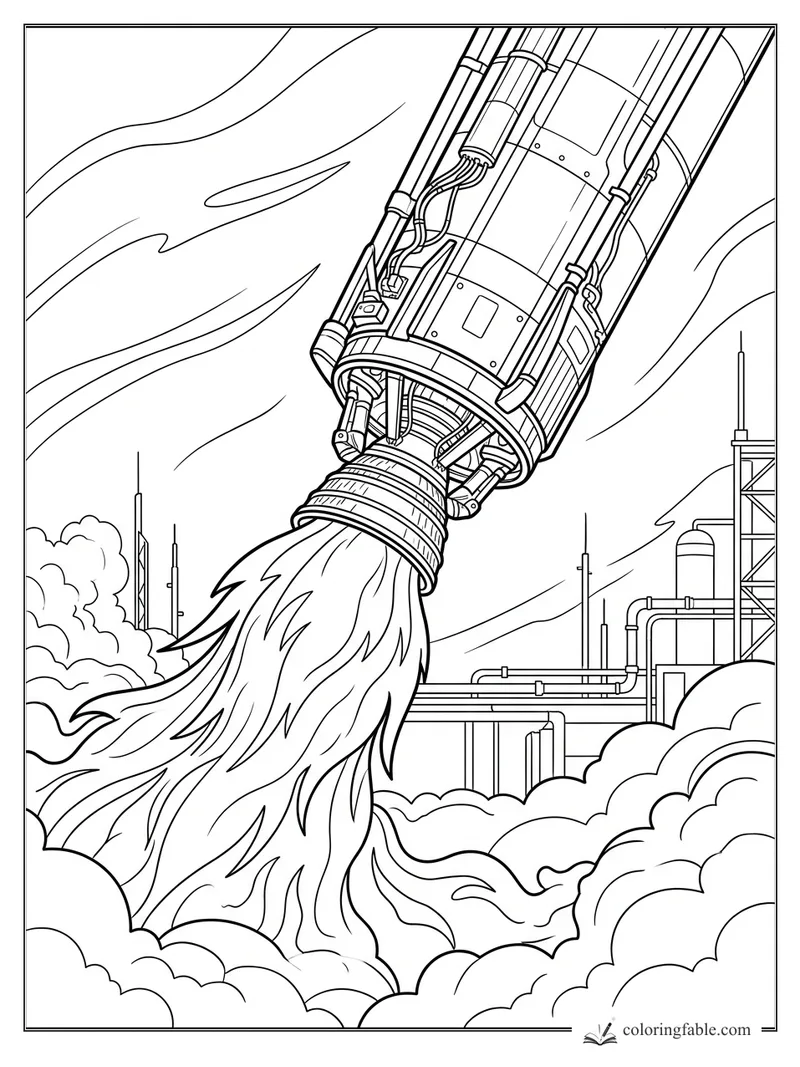 Realistic rocket lifting off with flame plume, smoke clouds, pipes, towers, and curved sky trails
