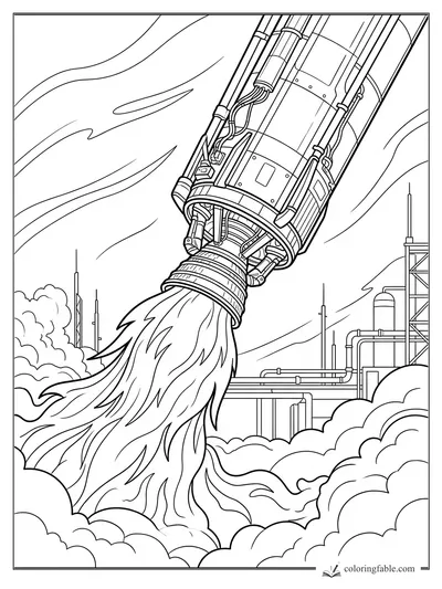 Realistic rocket lifting off with flame plume, smoke clouds, pipes, towers, and curved sky trails
