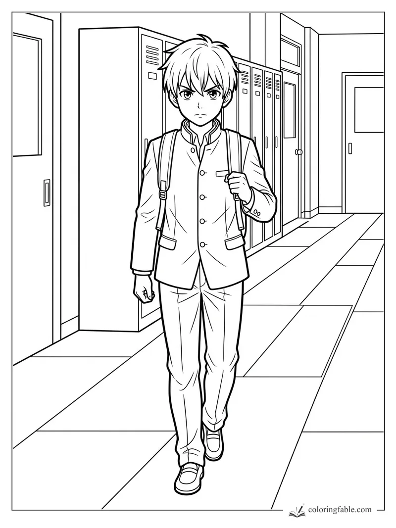 Anime schoolboy with backpack walking past lockers in a hallway coloring page