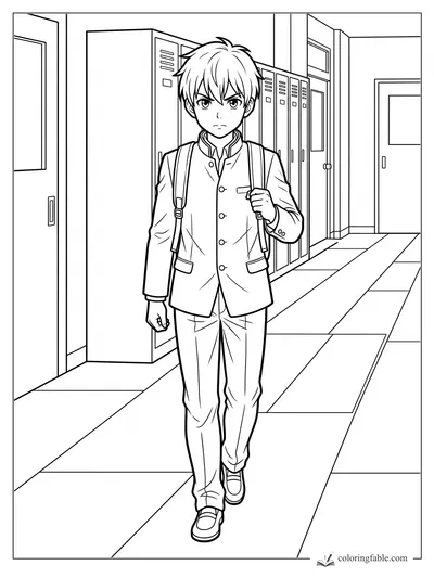 Anime schoolboy with backpack walking past lockers in a hallway coloring page