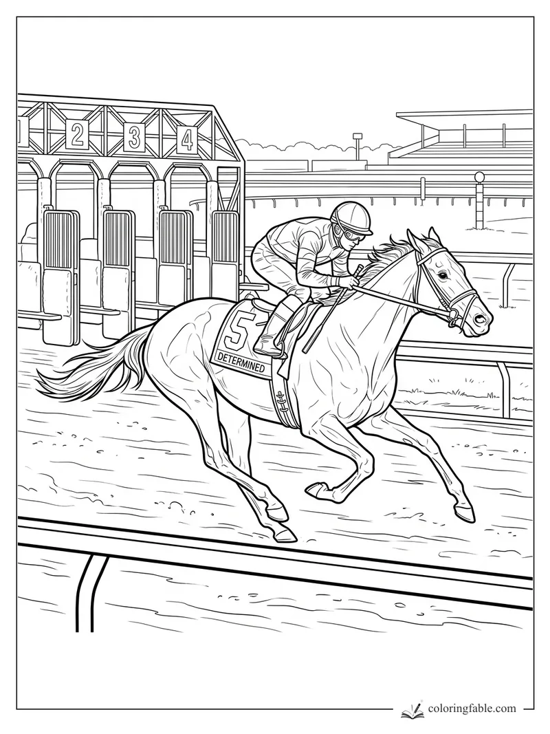 Realistic racehorse Determined with jockey galloping from gate 5 at the track