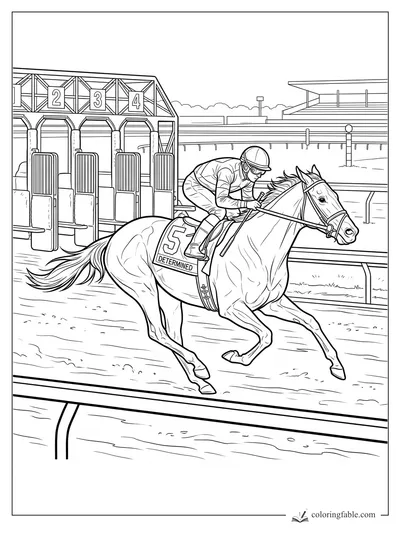 Realistic racehorse Determined with jockey galloping from gate 5 at the track
