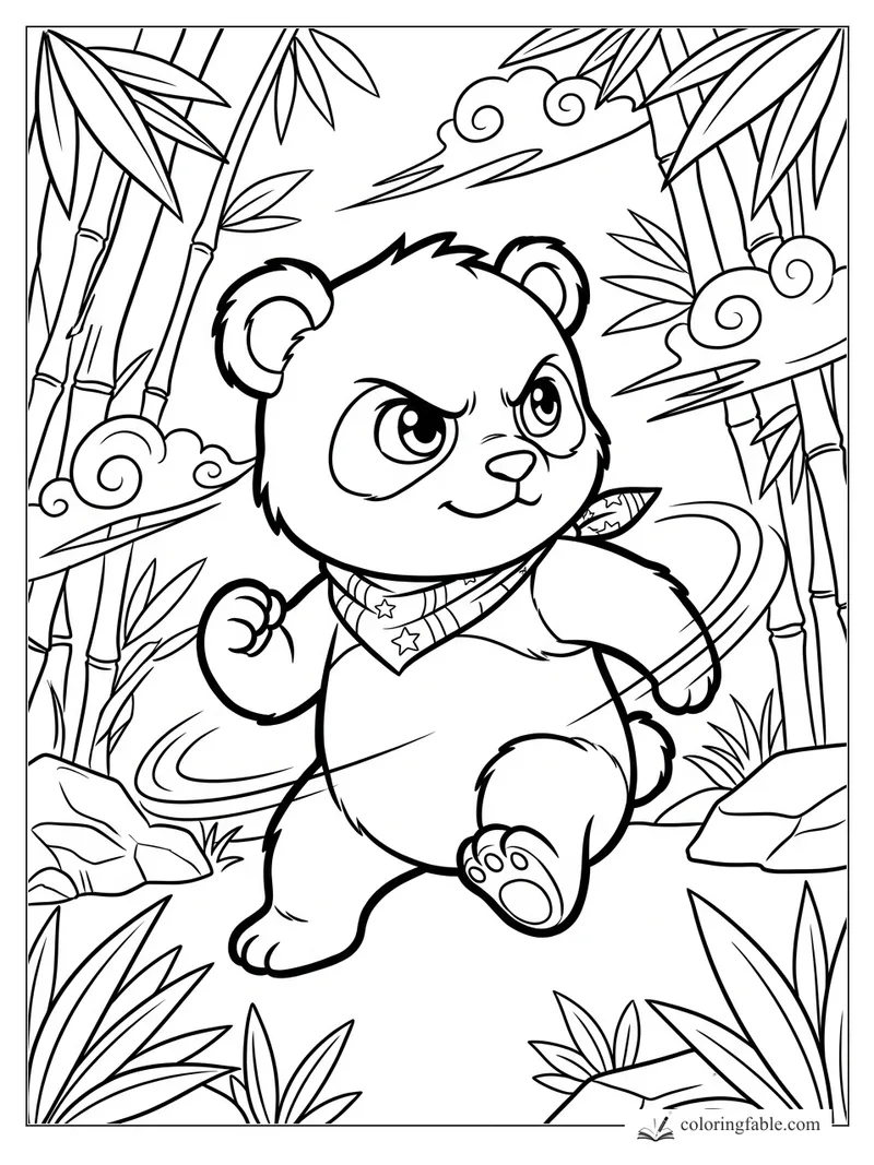 Manga panda running with a star bandana through bamboo, rocks, leaves, and swirling clouds.
