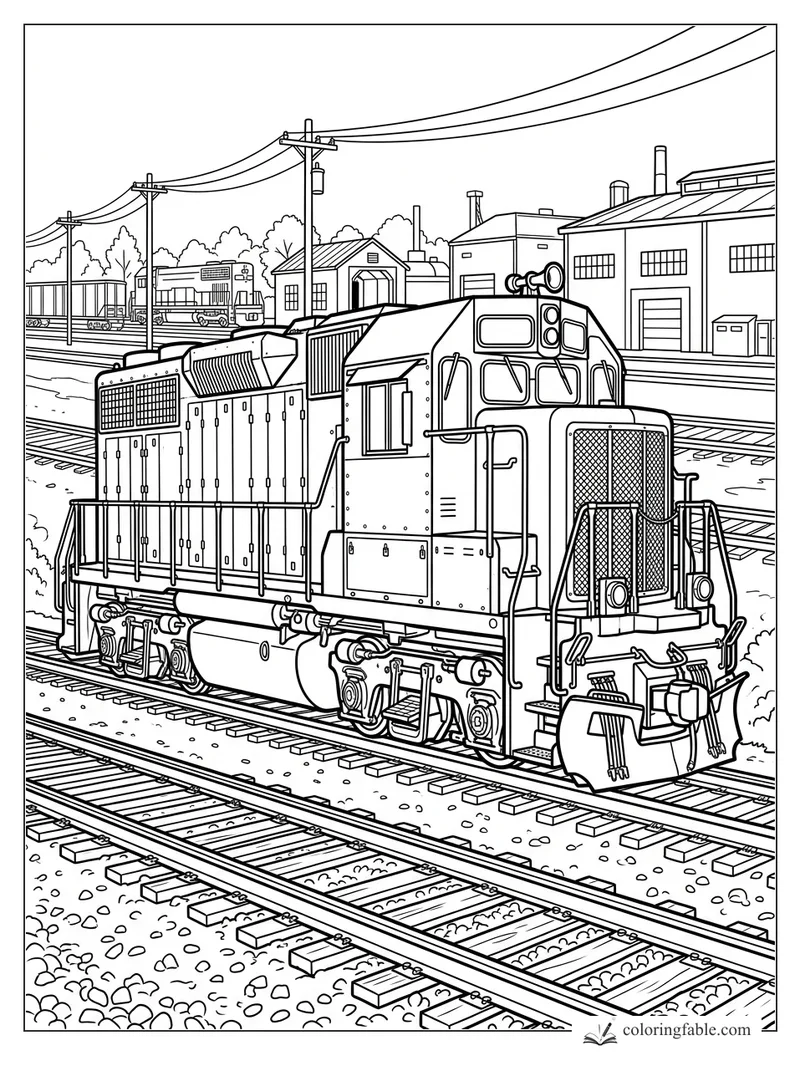 Realistic diesel locomotive on yard tracks beside repair shops, power lines, and parked freight cars