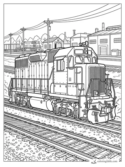 Realistic diesel locomotive on yard tracks beside repair shops, power lines, and parked freight cars