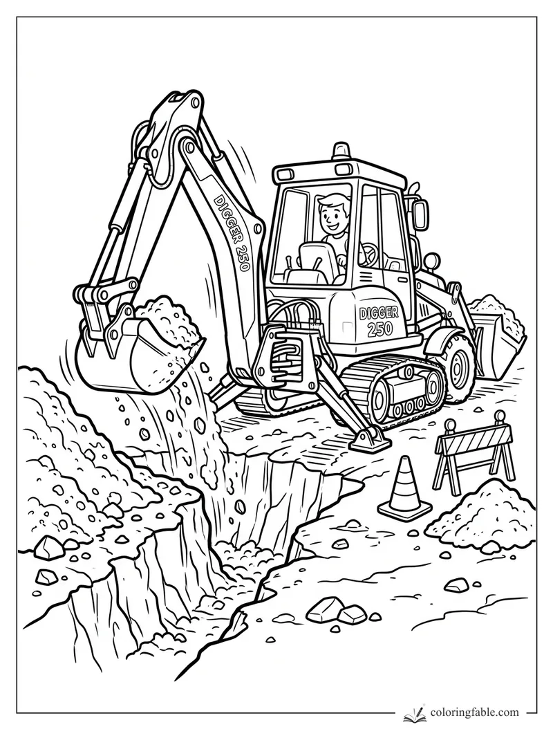 Cartoon Digger 250 backhoe with smiling driver scooping dirt beside cones and a striped barrier.